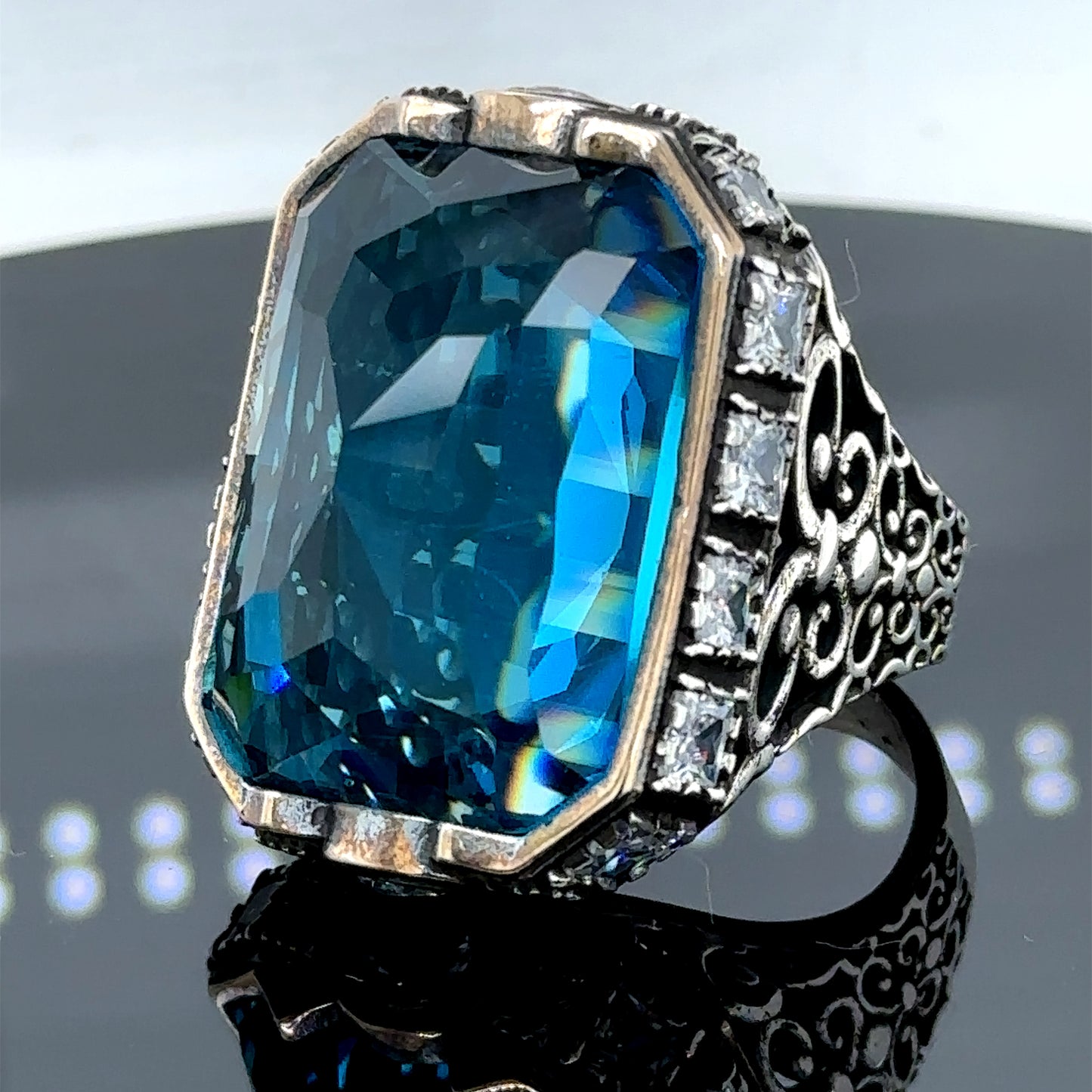 Men Silver Large Blue Topaz Gemstone Handmade Ring