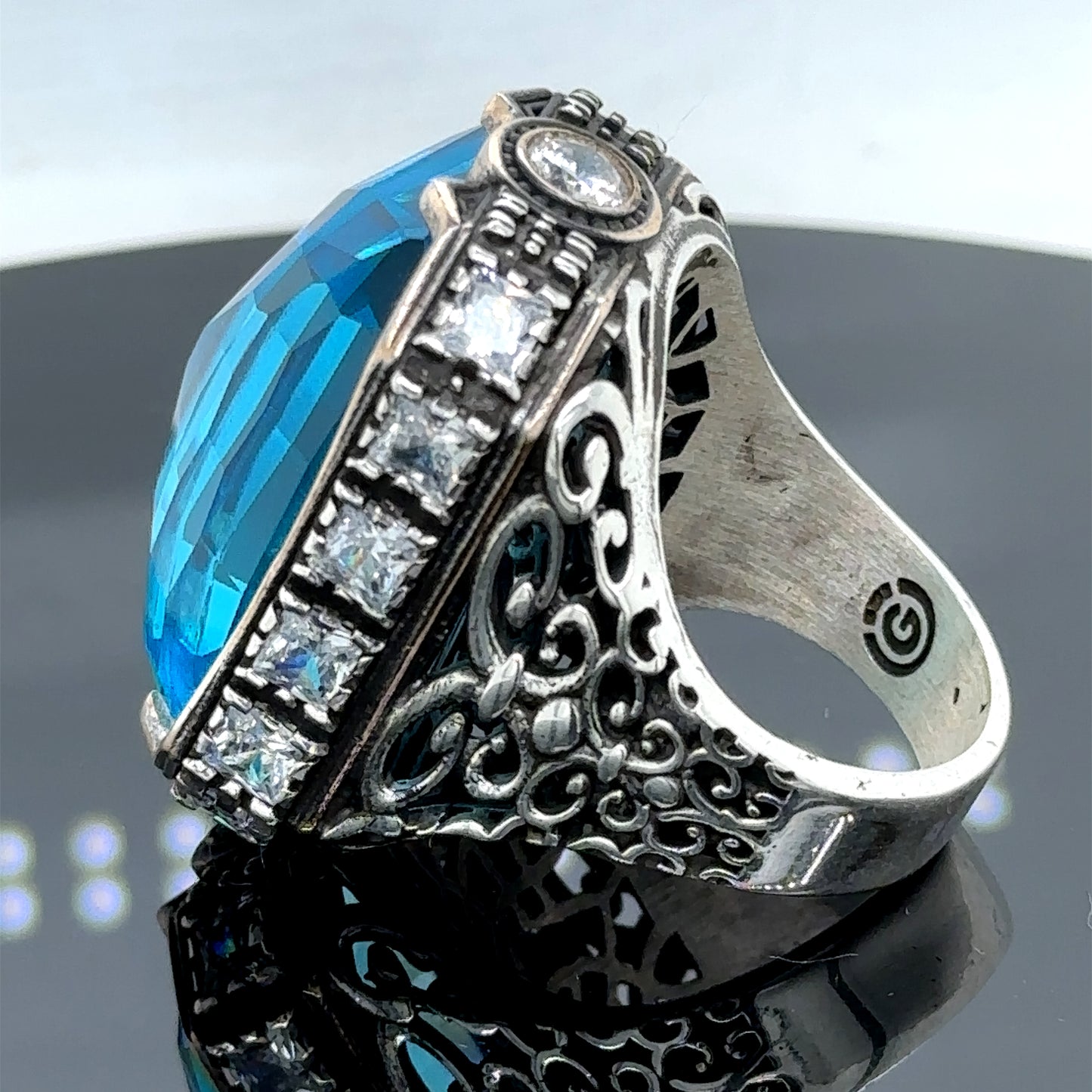 Men Silver Large Blue Topaz Gemstone Handmade Ring