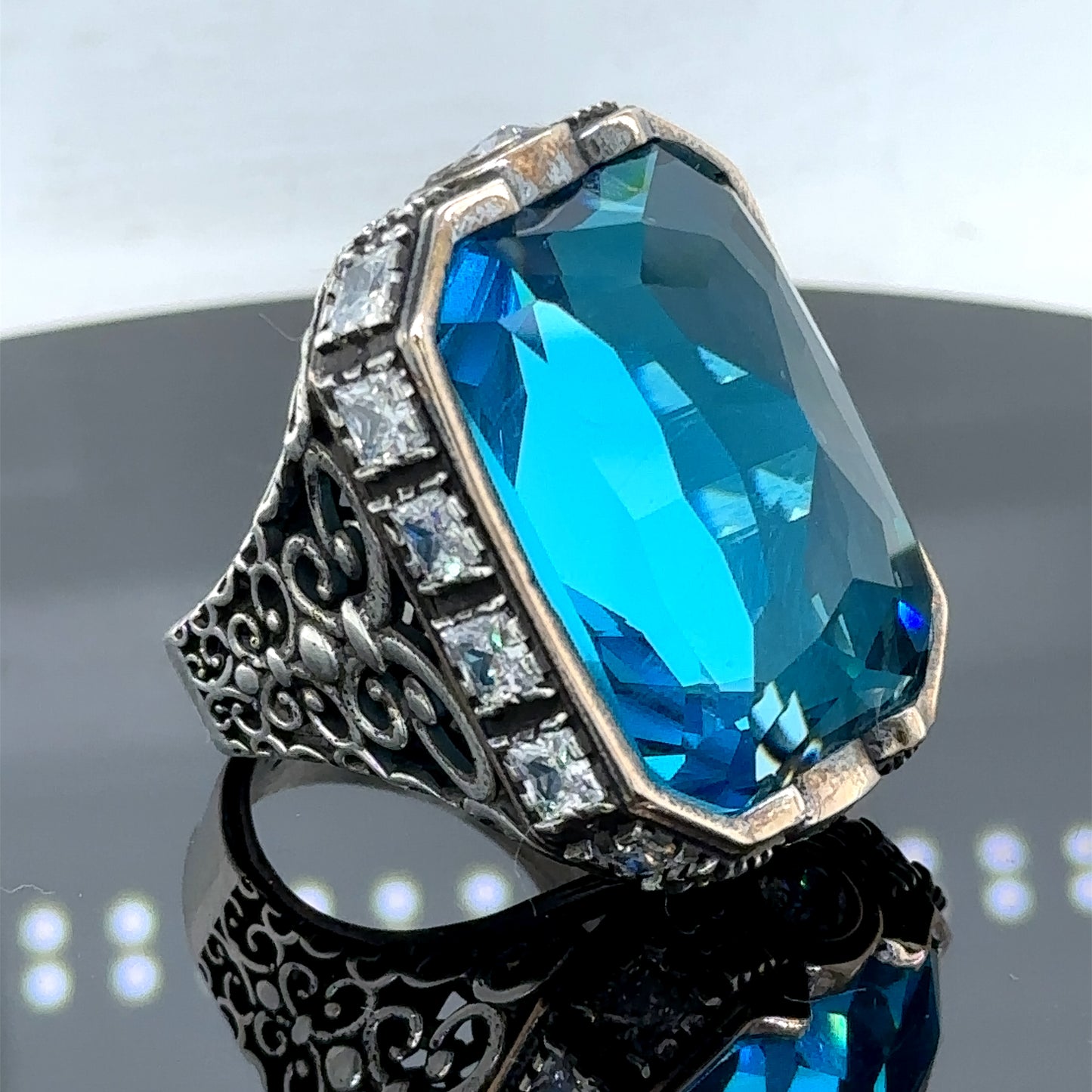 Men Silver Large Blue Topaz Gemstone Handmade Ring