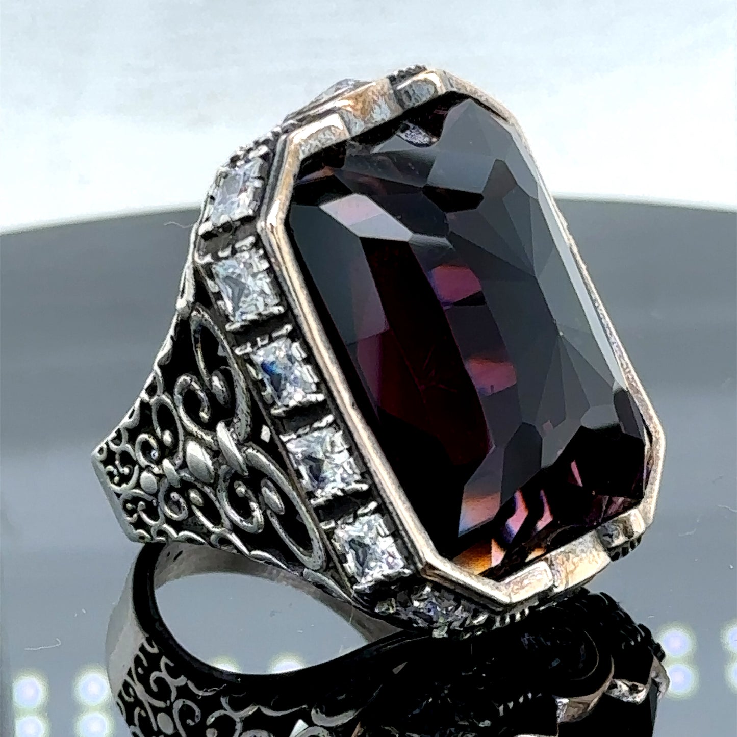 Men Silver Handmade Large Amethyst Gemstone Ottoman Ring