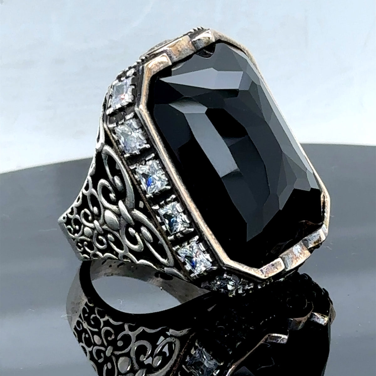 Silver Handmade Large Black Onyx Gemstone Ring