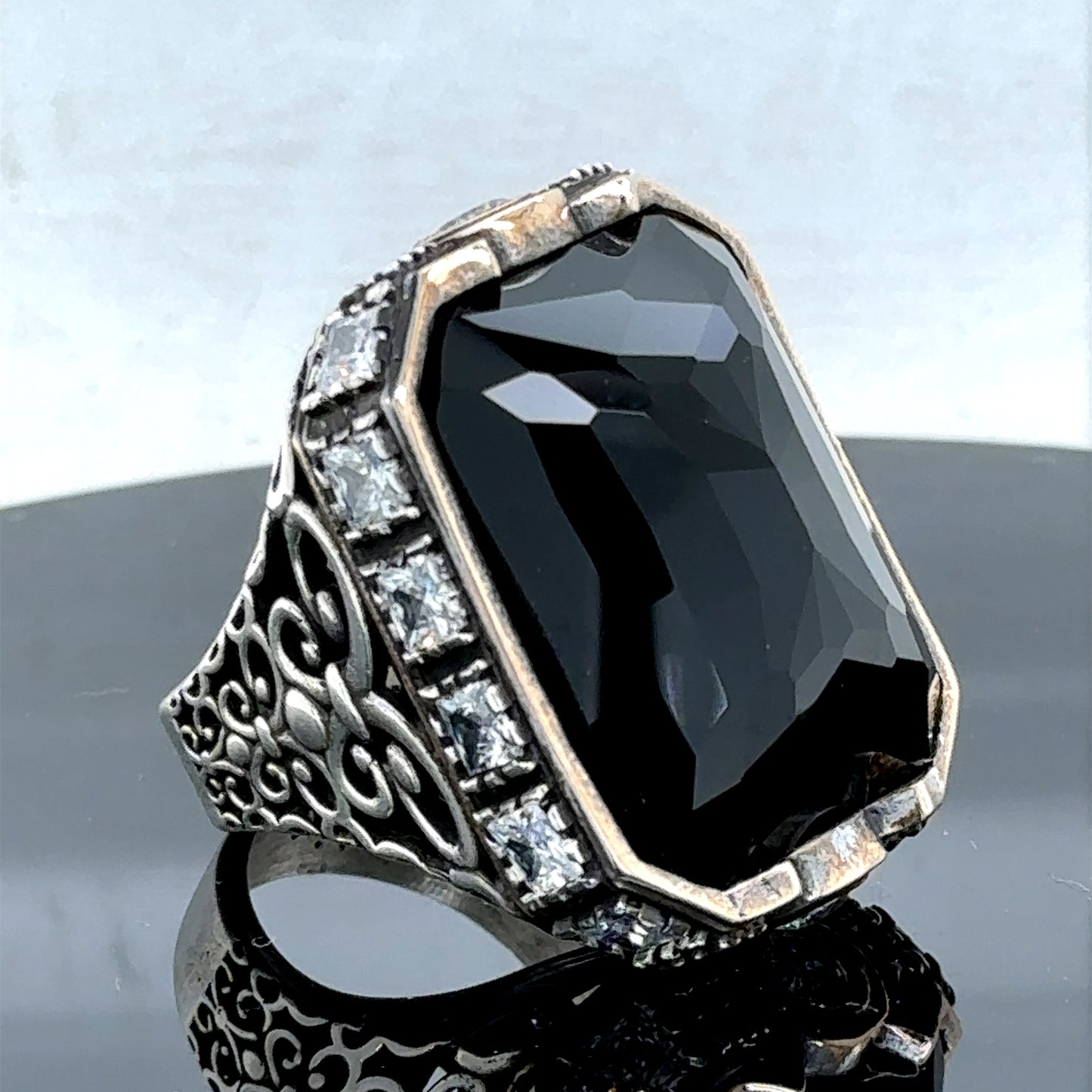 Silver Handmade Large Black Onyx Gemstone Ring