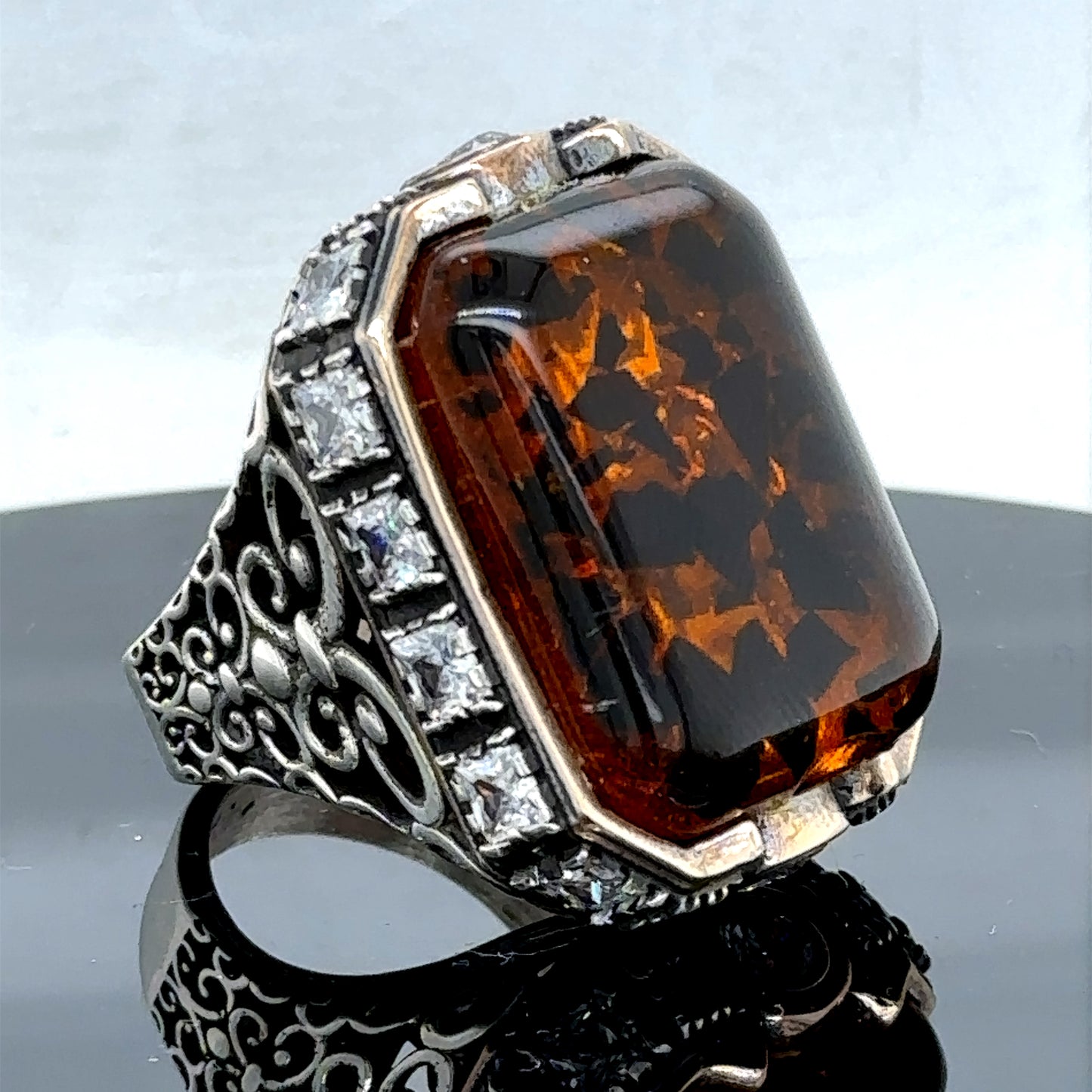 Men Handmade Natural Large Amber Gemstone Ring