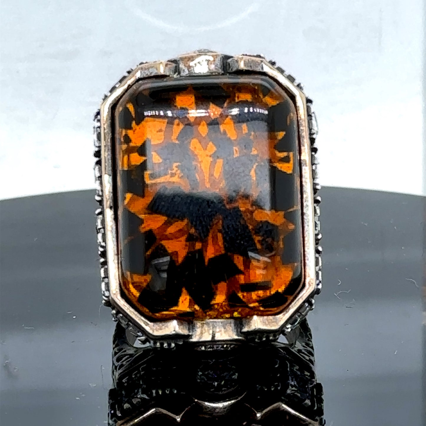 Men Handmade Natural Large Amber Gemstone Ring