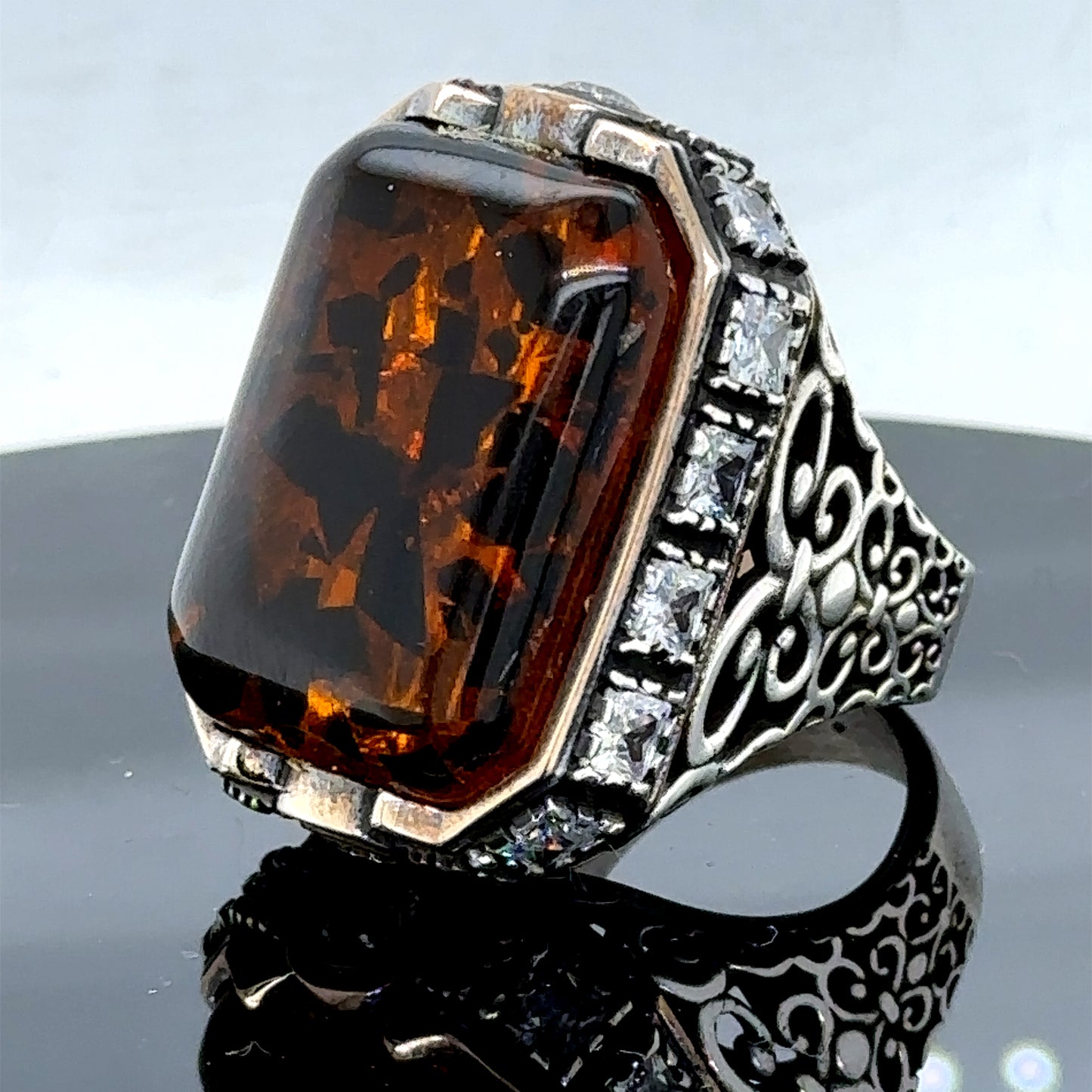 Men Handmade Natural Large Amber Gemstone Ring