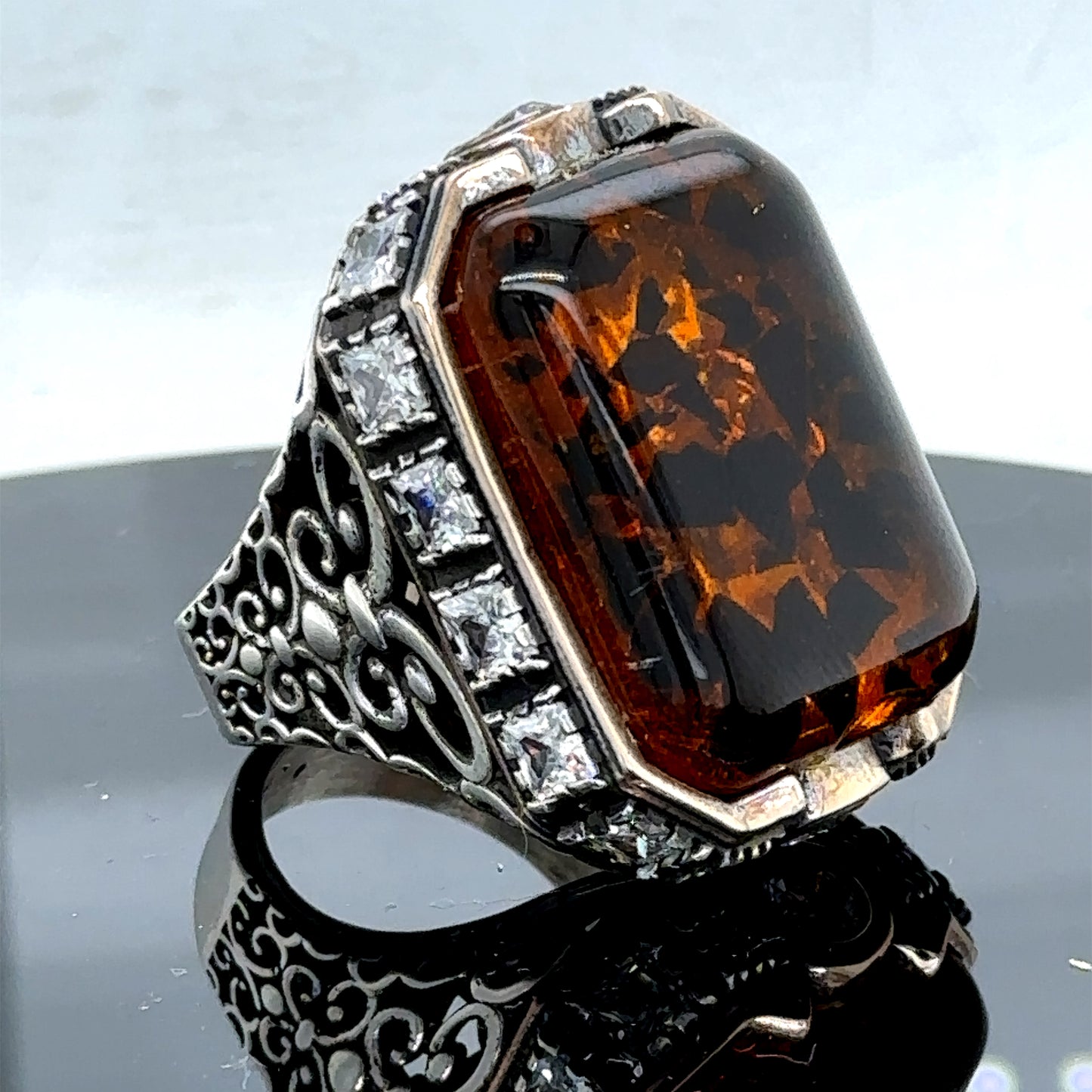 Men Handmade Natural Large Amber Gemstone Ring