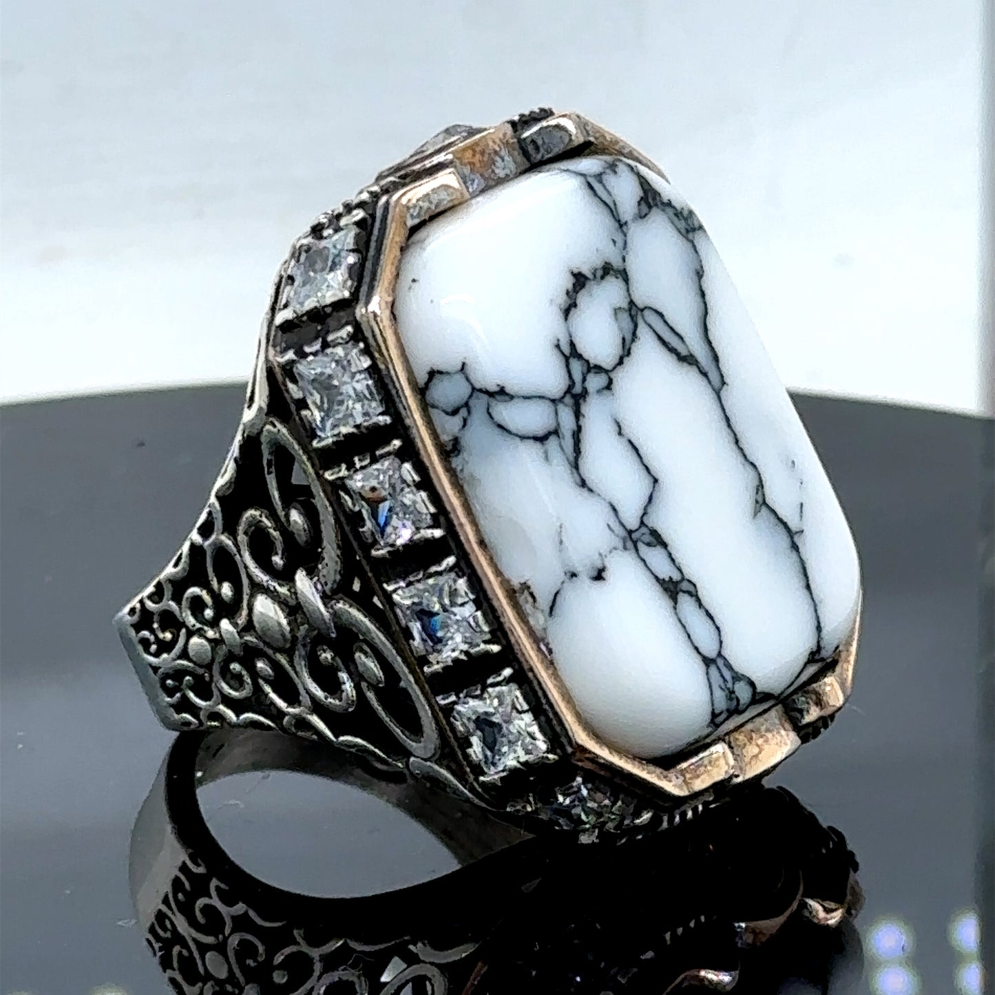 Men Silver Large White Turquoise Gemstone Ring