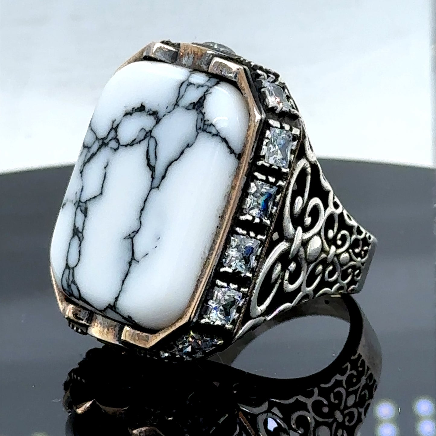 Men Silver Large White Turquoise Gemstone Ring