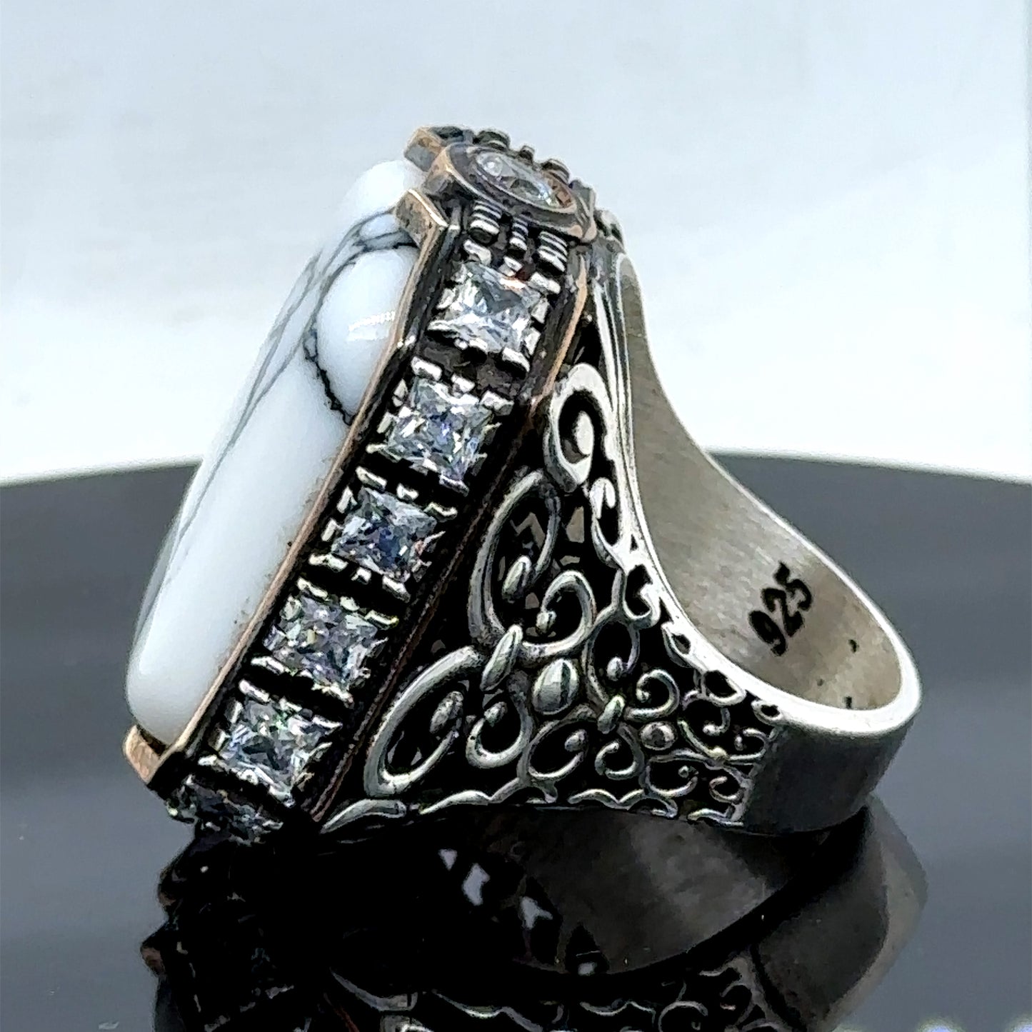 Men Silver Large White Turquoise Gemstone Ring