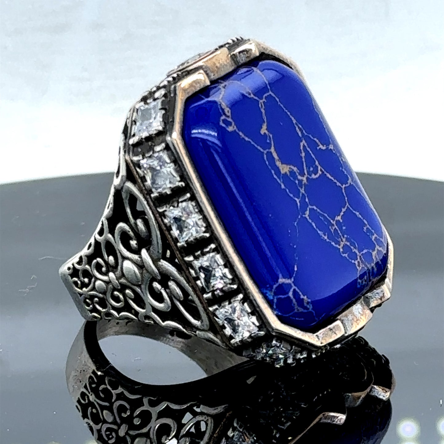 Men Silver Natural Lapis Gemstone Large Ottoman Ring