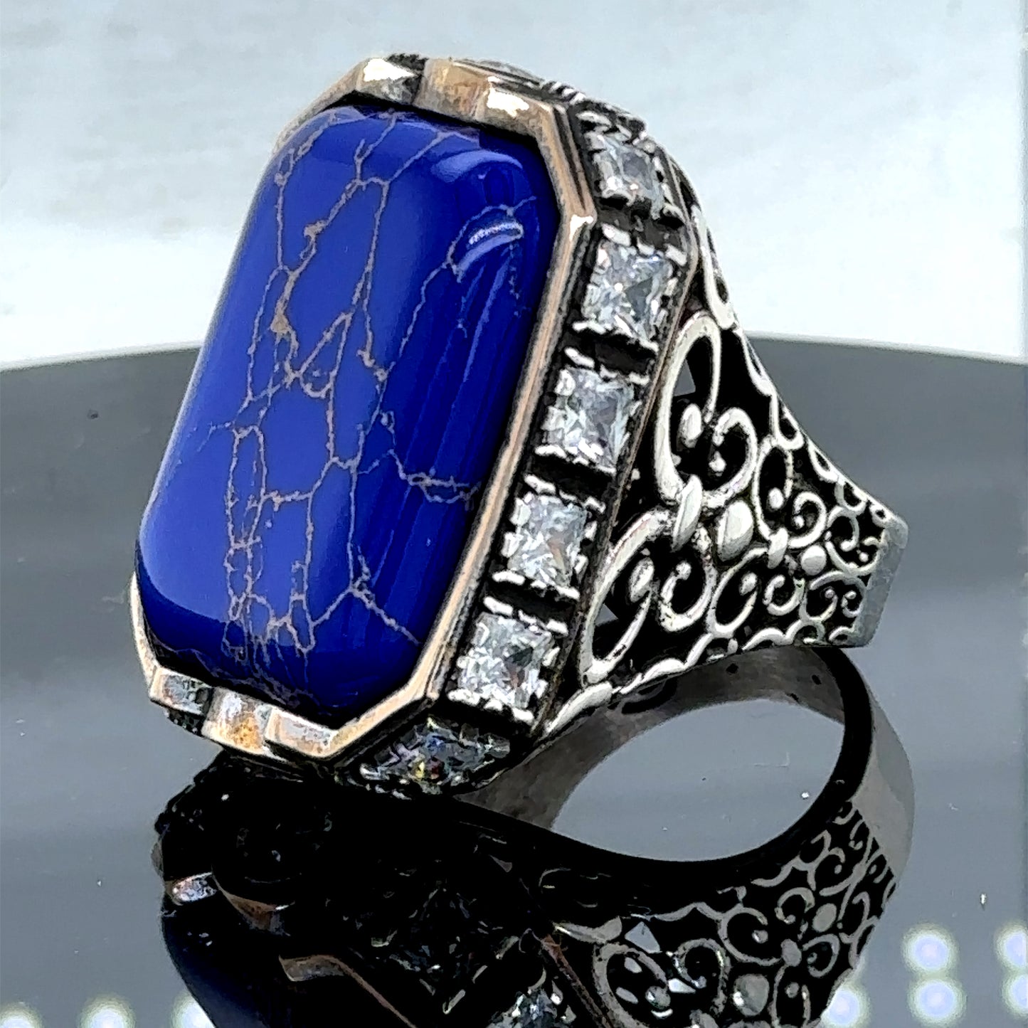 Men Silver Natural Lapis Gemstone Large Ottoman Ring