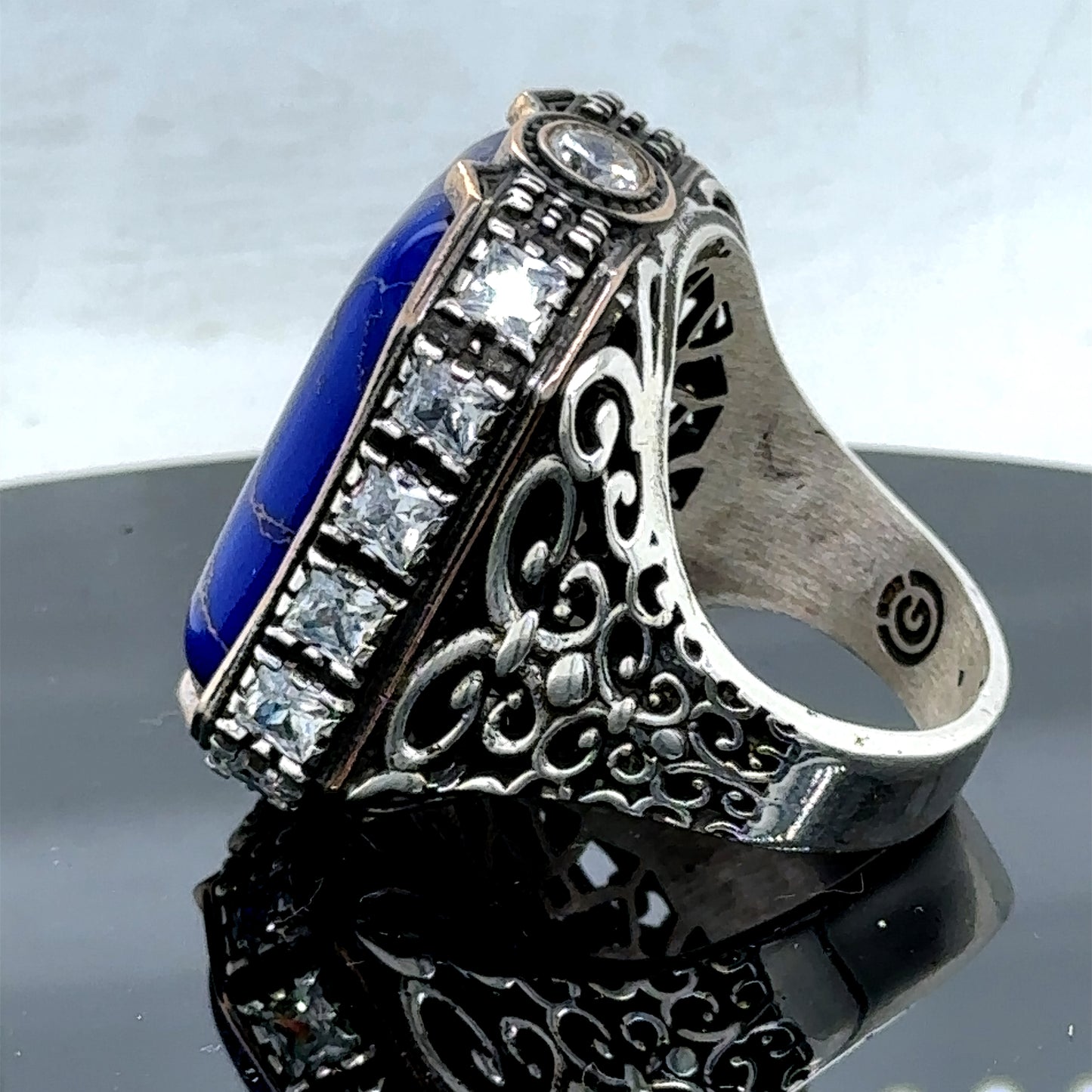 Men Silver Natural Lapis Gemstone Large Ottoman Ring