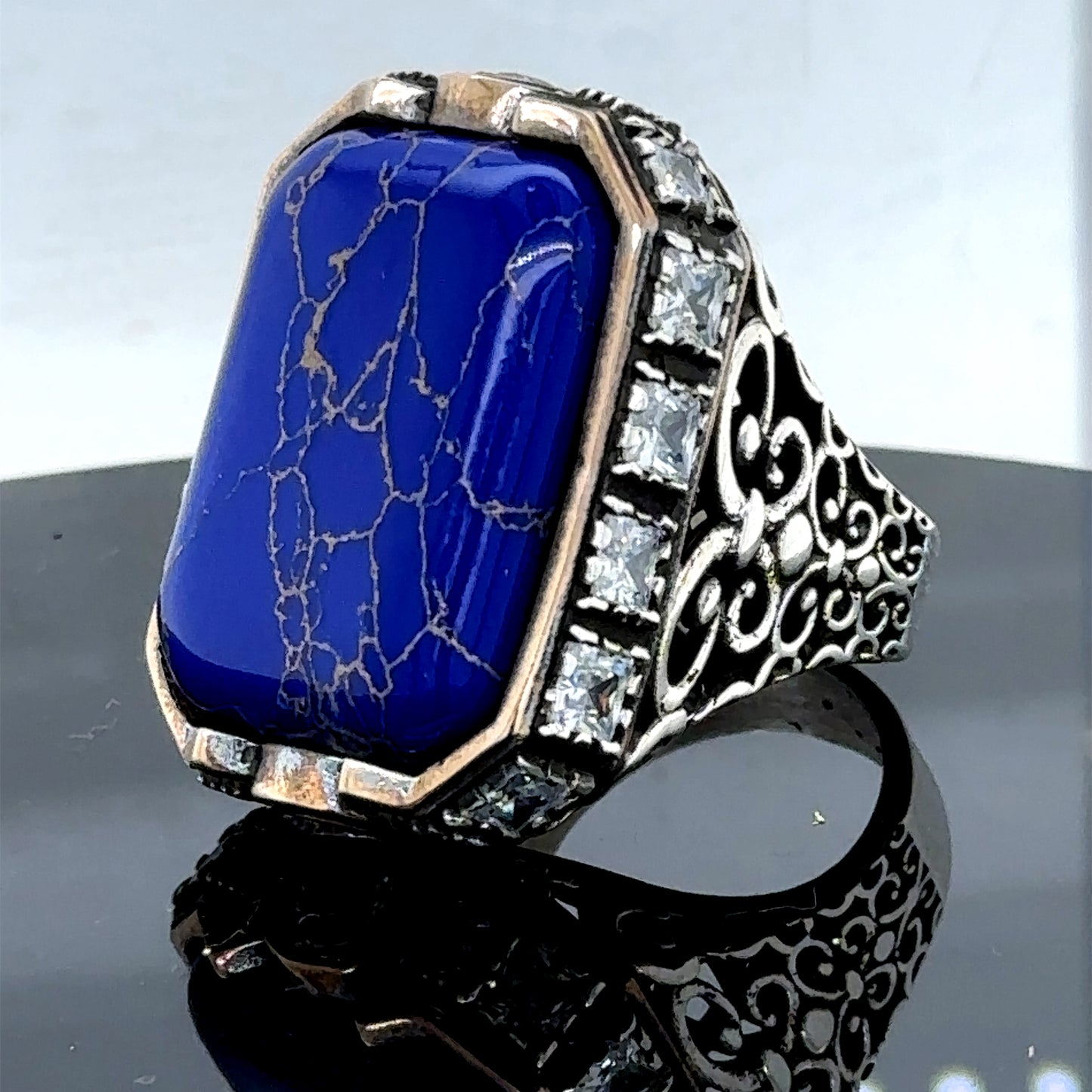 Men Silver Natural Lapis Gemstone Large Ottoman Ring