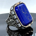 Men Silver Natural Lapis Gemstone Large Ottoman Ring
