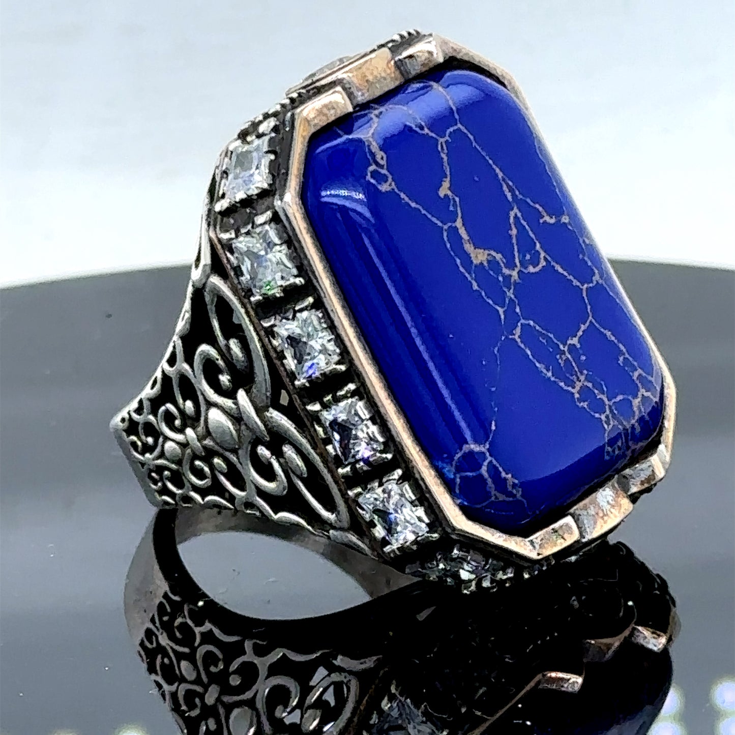 Men Silver Natural Lapis Gemstone Large Ottoman Ring