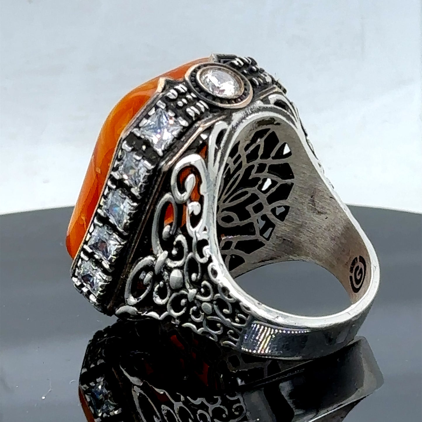 Men Silver Large Amber Gemstone Handmade Ring