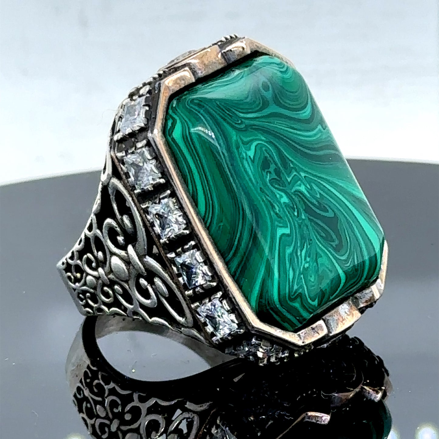 Men Silver Large Square Green Malachite Gemstone Ring