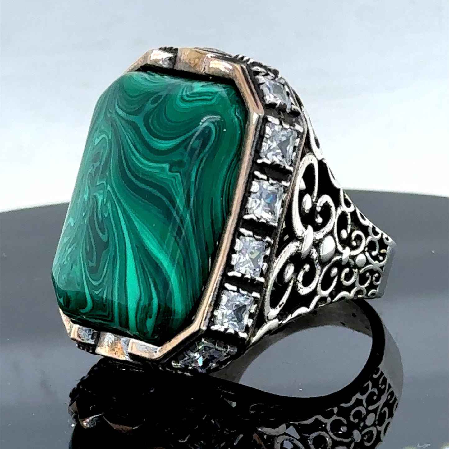 Men Silver Large Square Green Malachite Gemstone Ring