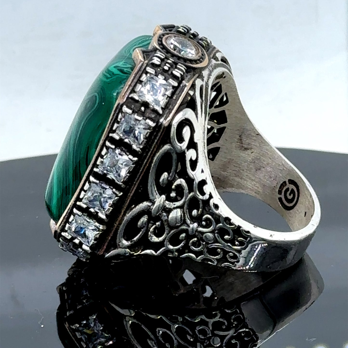 Men Silver Large Square Green Malachite Gemstone Ring