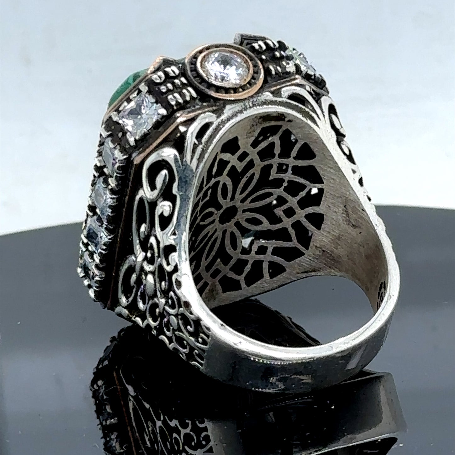 Men Silver Large Square Green Malachite Gemstone Ring