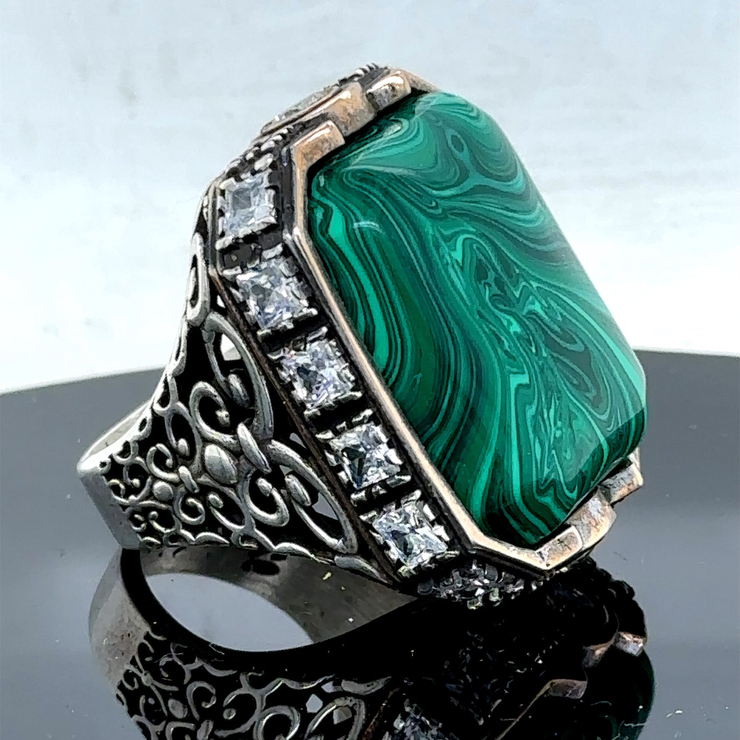 Men Silver Large Square Green Malachite Gemstone Ring