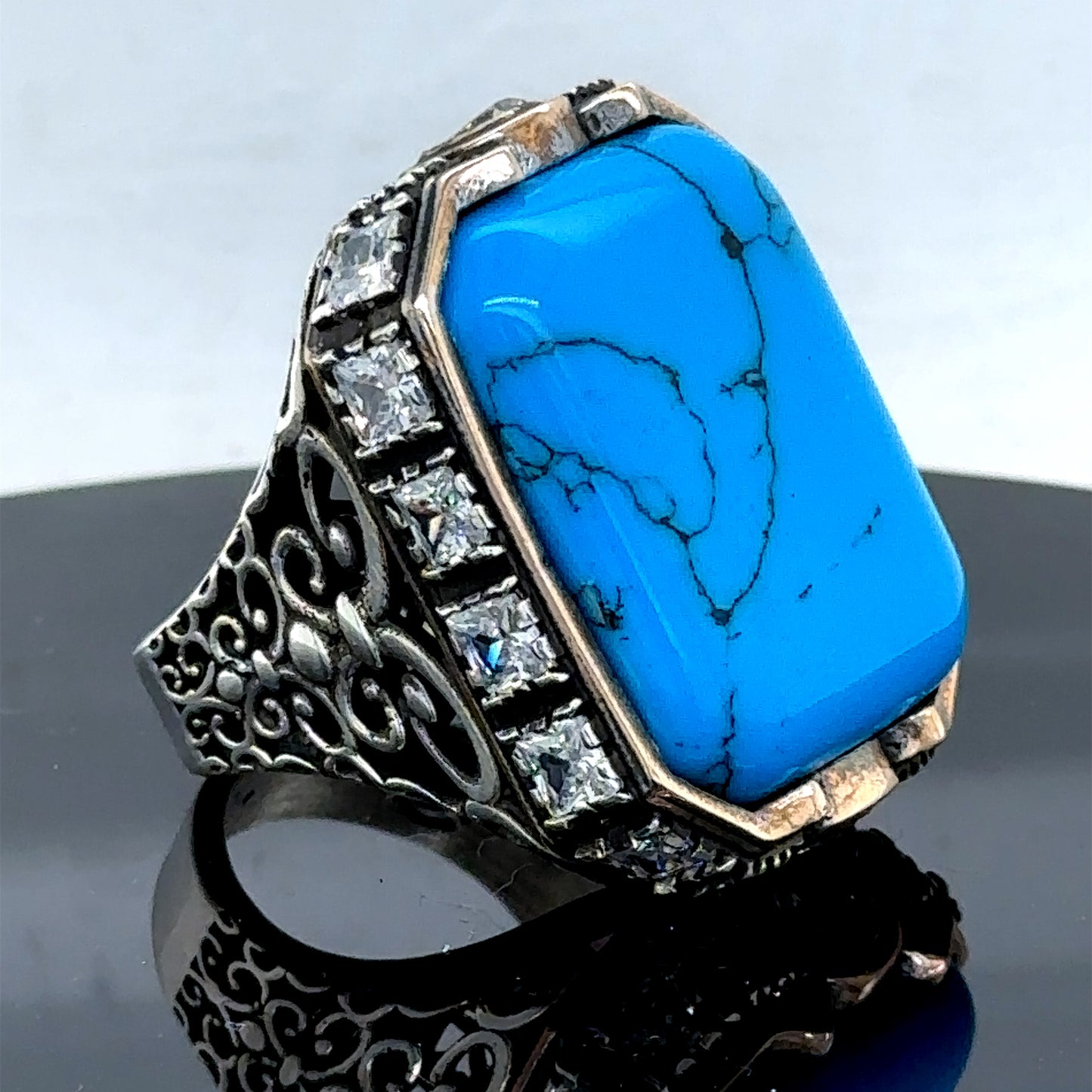 Men Silver Large Turquoise Gemstone Handmade Ring