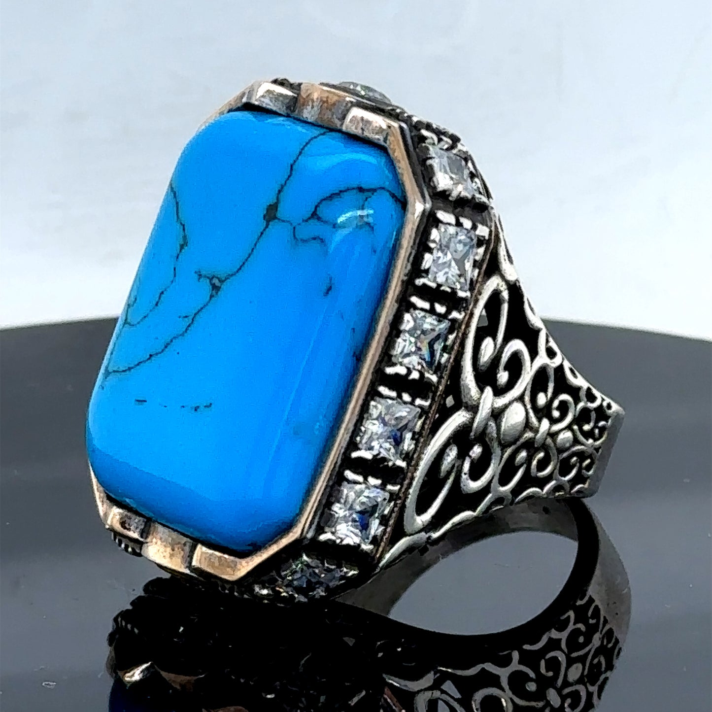 Men Silver Large Turquoise Gemstone Handmade Ring