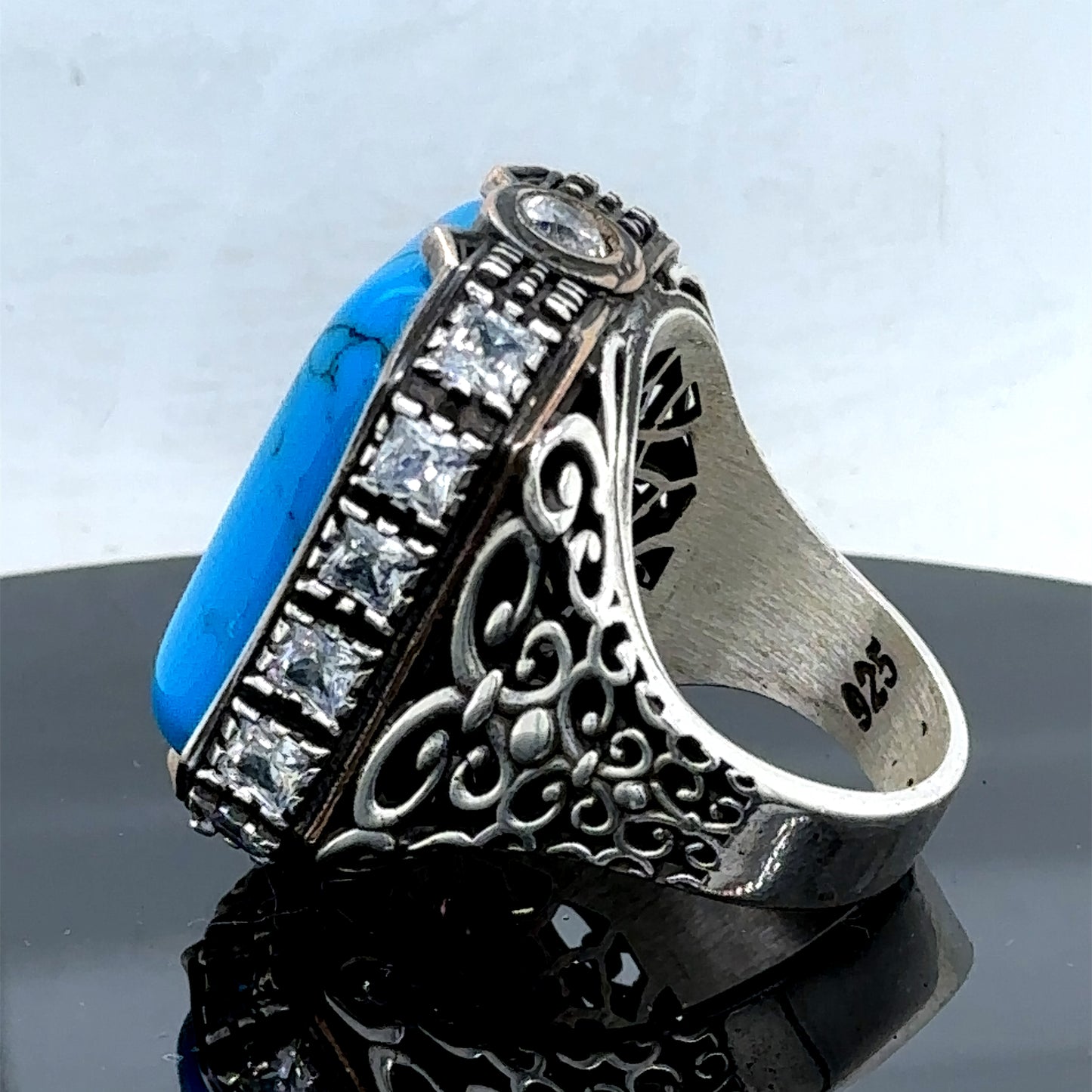 Men Silver Large Turquoise Gemstone Handmade Ring