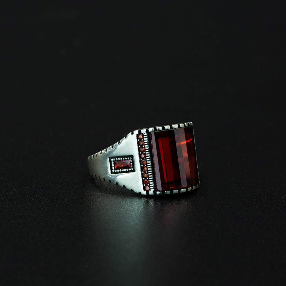 925 Silver Men Red Garnet Gemstone Handmade Ring