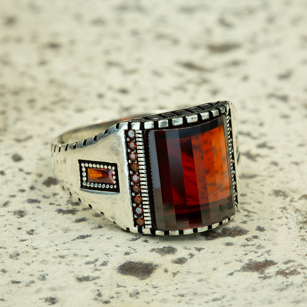 925 Silver Men Red Garnet Gemstone Handmade Ring