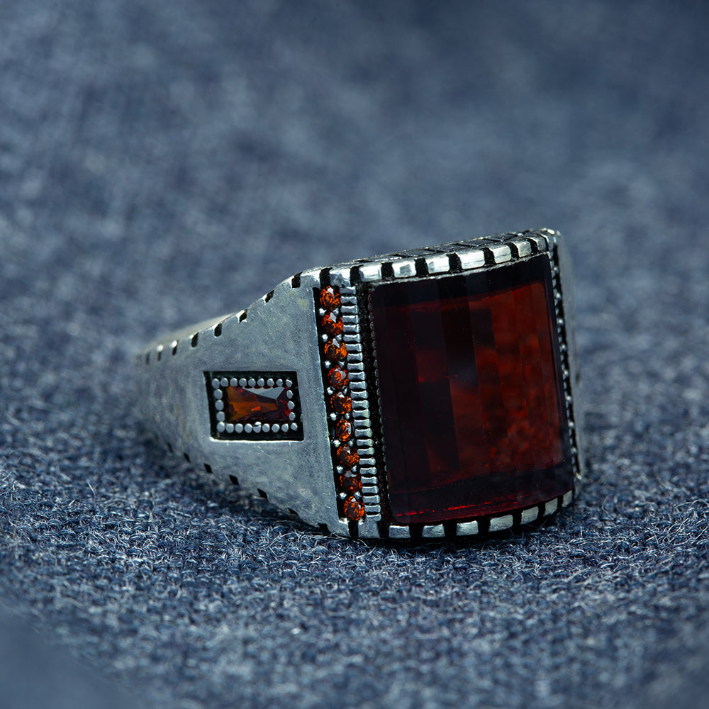 925 Silver Men Red Garnet Gemstone Handmade Ring