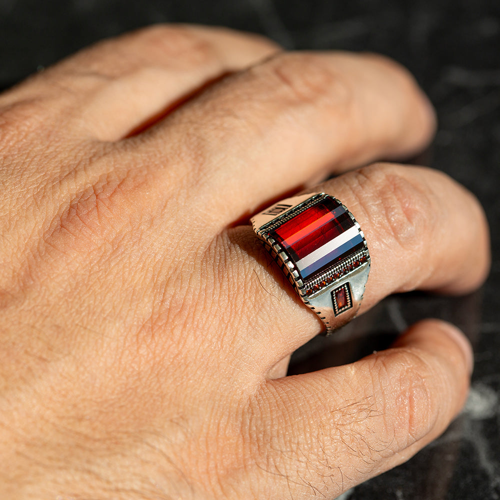925 Silver Men Red Garnet Gemstone Handmade Ring