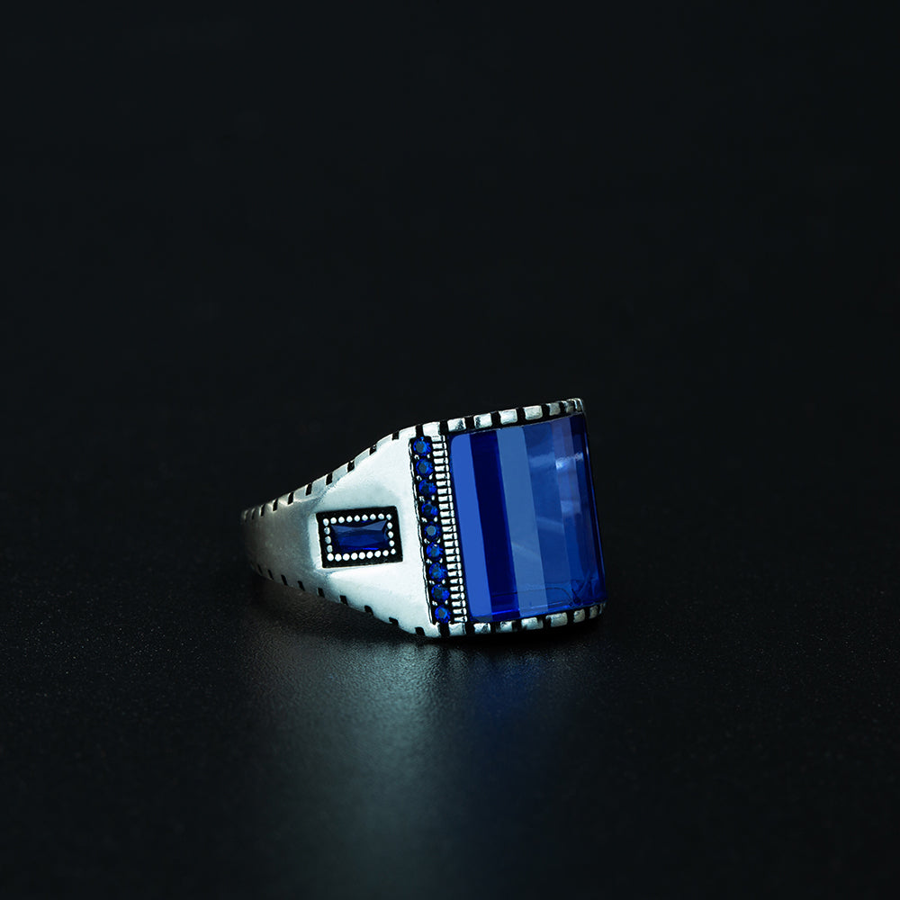 925 Men Silver Sapphire Gemstone Handmade Ring