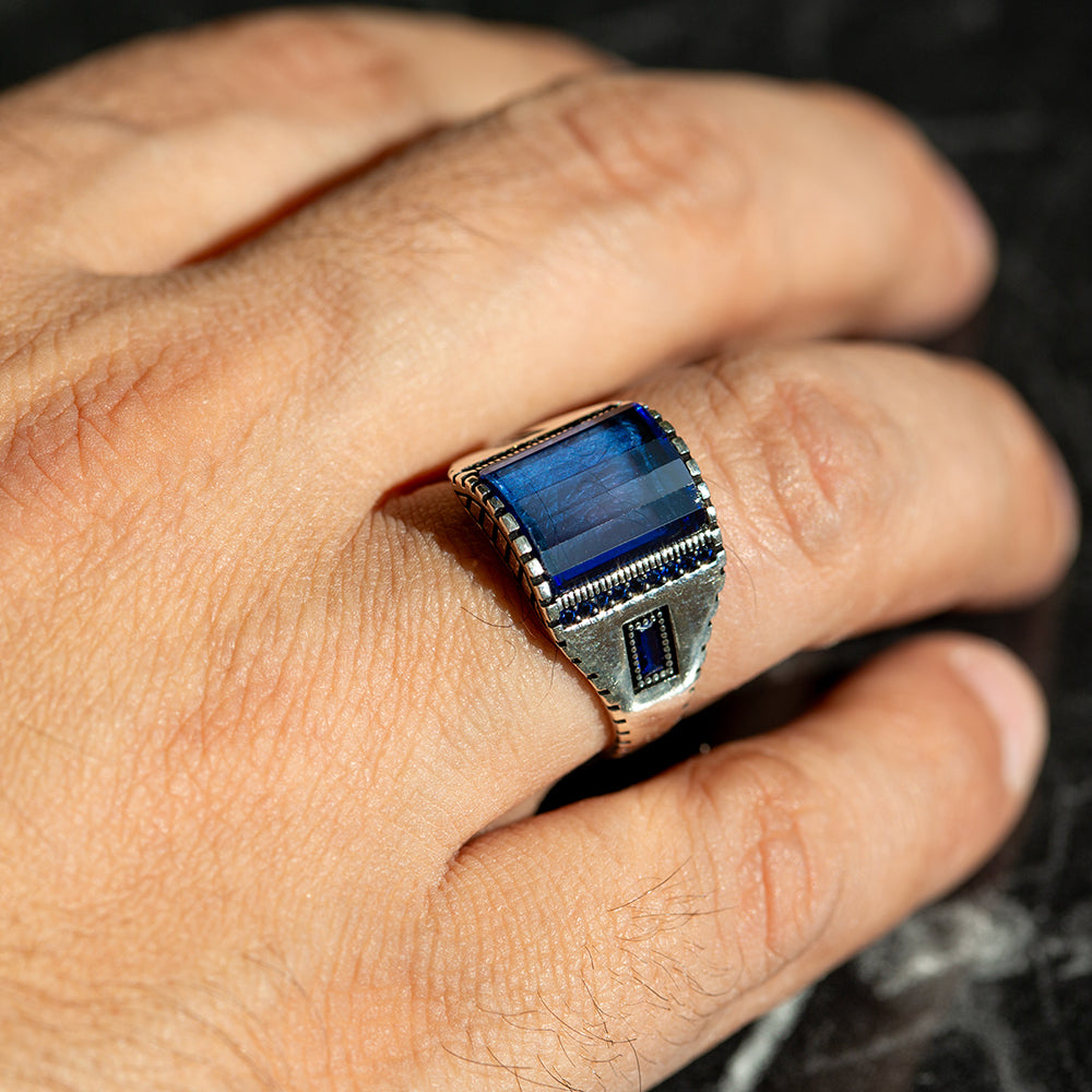 925 Men Silver Sapphire Gemstone Handmade Ring