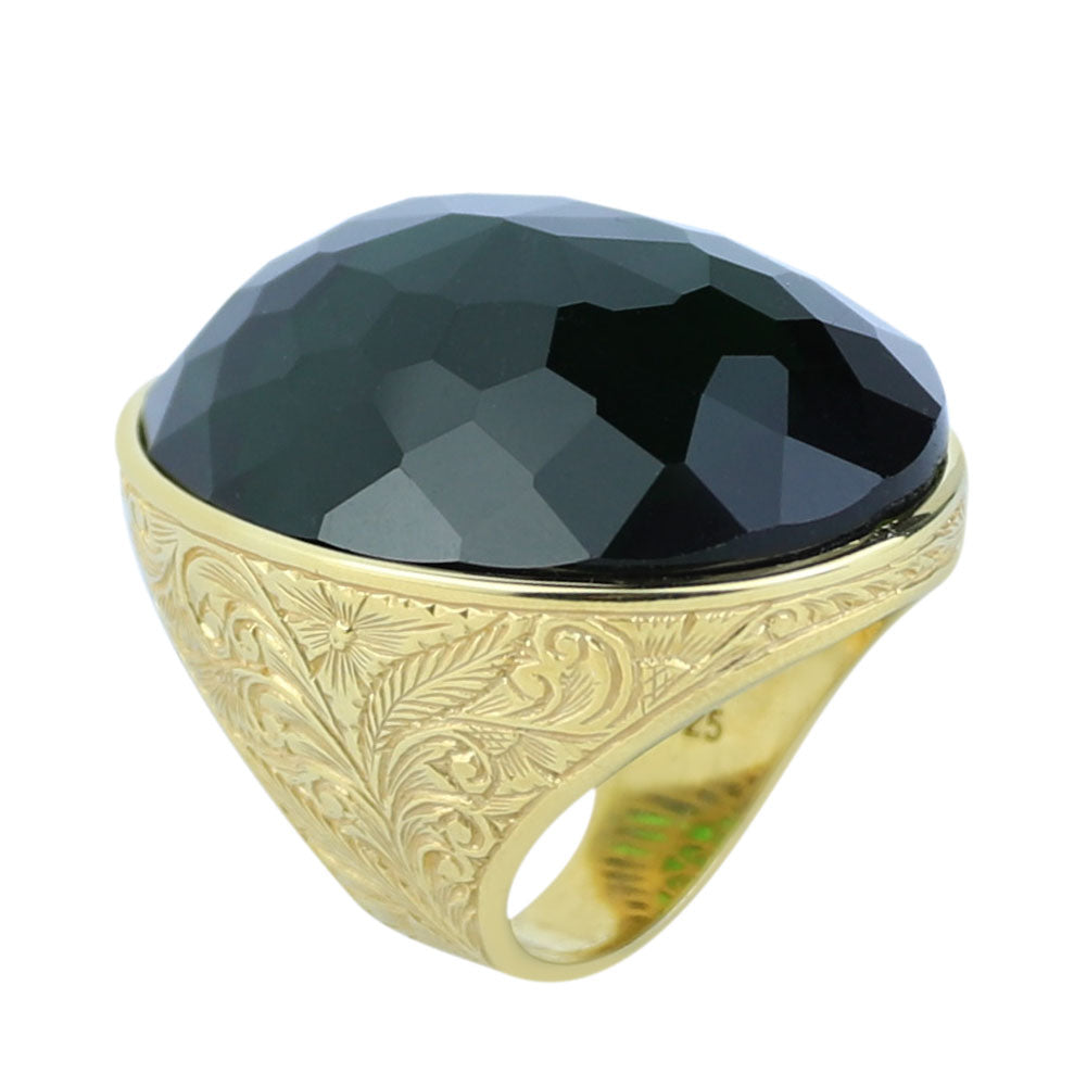 Gold Engraved Large Emerald Ring , Men Hand- Engraved Ring, Vintage Ottoman Ring, Men Green Stone Ring, 925k Sterling Silver Ring