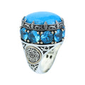 Silver Large Natural Turquoise Solomon Ring, Ottoman Style Mens Solomon Signet Ring, Round Engraved Ring