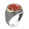Silver Classic Red Agate Ring , Round Silver Aqeeq Carnelian Gemstone Ring , Father Day Gift, Men Ottoman Style Handmade Ring , 925k Silver