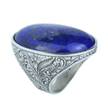 Men Large Natural Lapis Lazuli Ring, Engraved Handmade Lapis Ring , Blue Lapis Lazuli Ring