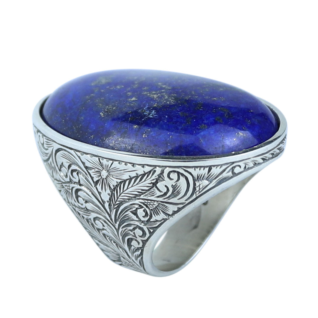 Men Large Natural Lapis Lazuli Ring, Engraved Handmade Lapis Ring , Blue Lapis Lazuli Ring