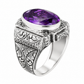 925 Silver Dark Amethyst Silver Ring, Engraved Vintage Men Ring, Gemstone Engagement Ring , Silver Handmade Ring , Sterling Silver Ring