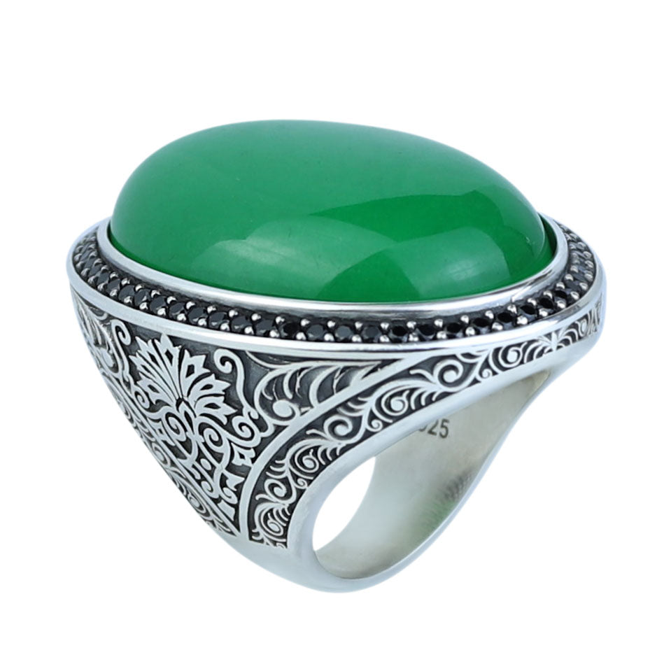 925 Silver Jade Stone Ring, Large Green Jade Stone Ring, Engraved Green Jade Ring, Natural Jade Ottoman Style Ring