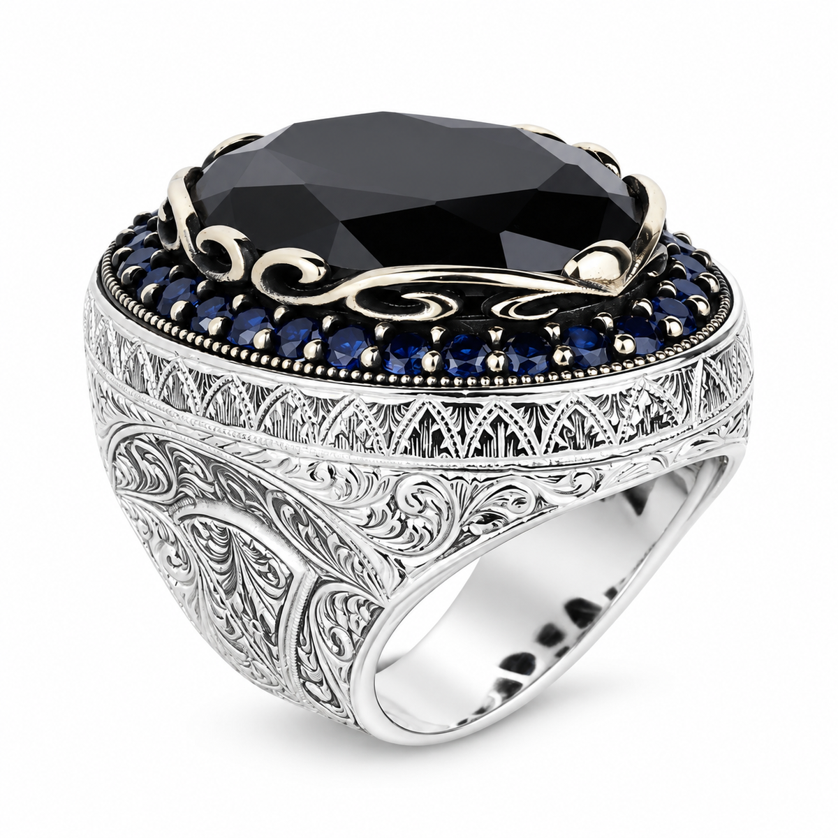 925 Men Silver Large Sapphire Ring, Large Dark Sapphire Ring, Turkish Handmade Men Ring, Blue Vintage Sapphire Ring, Ottoman Ring