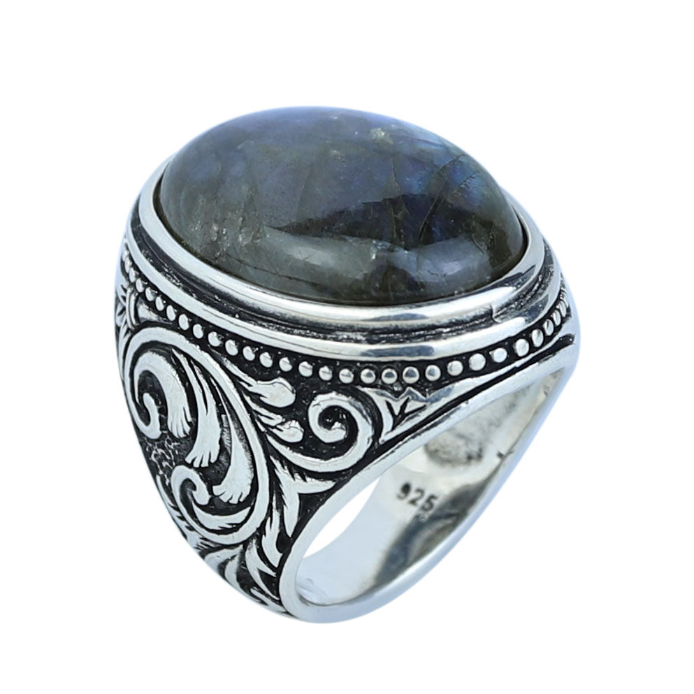 Men Silver Engraved Blue Tiger Eye Men Ring, Large Silver Men Ring, Father Gift, Handmade Silver Ring