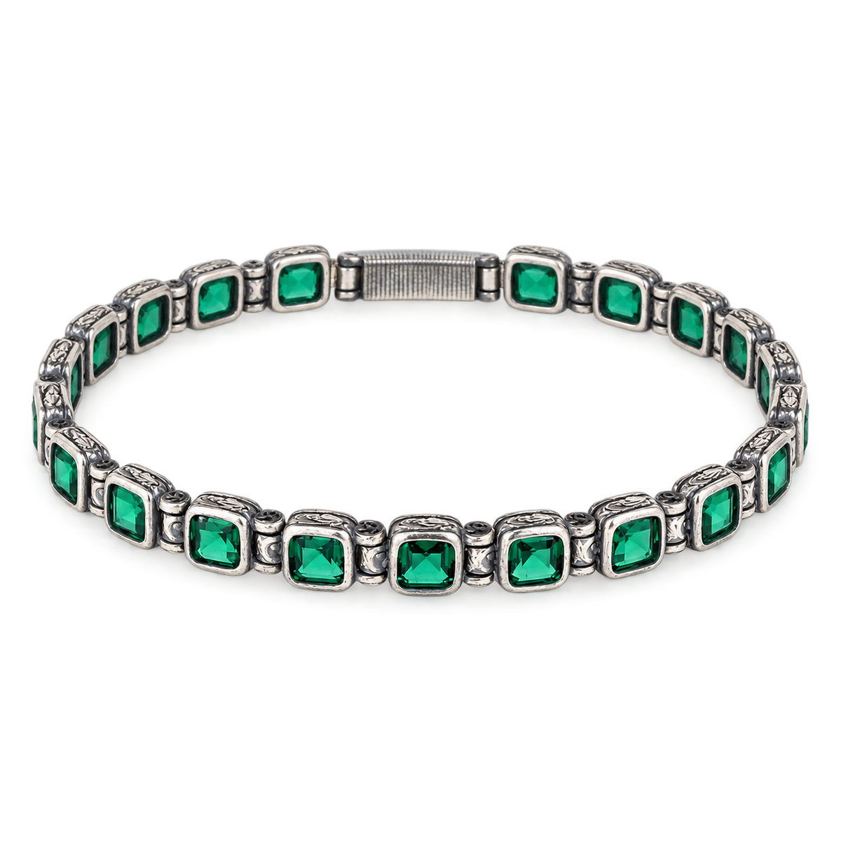 925 Silver Square Emerald Chain Bracelet, Square Cut Green Stone Tennis Bracelet, Men Emerald Diamond Tennis Bracelet, Elegant Bracelet