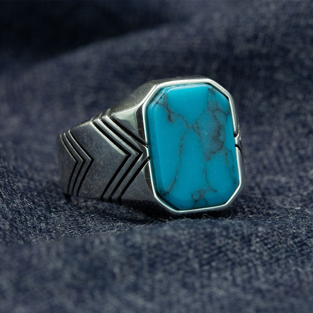 925 Men Sterling Silver Square Turquoise Ring