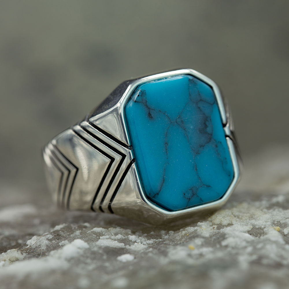 925 Men Sterling Silver Square Turquoise Ring