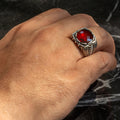 Anillo de plata para hombre con piedras preciosas de rubí y granate redondo hecho a mano