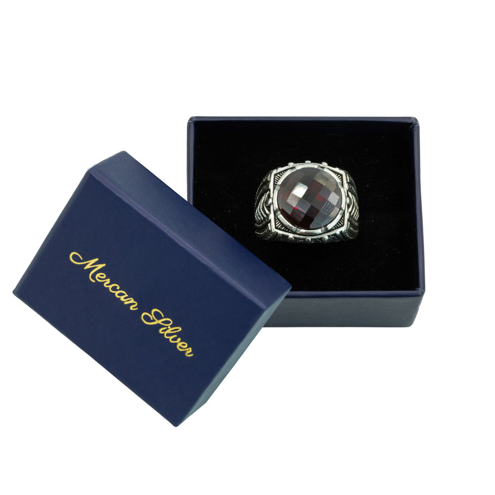 Anillo de plata para hombre con piedras preciosas de rubí y granate redondo hecho a mano