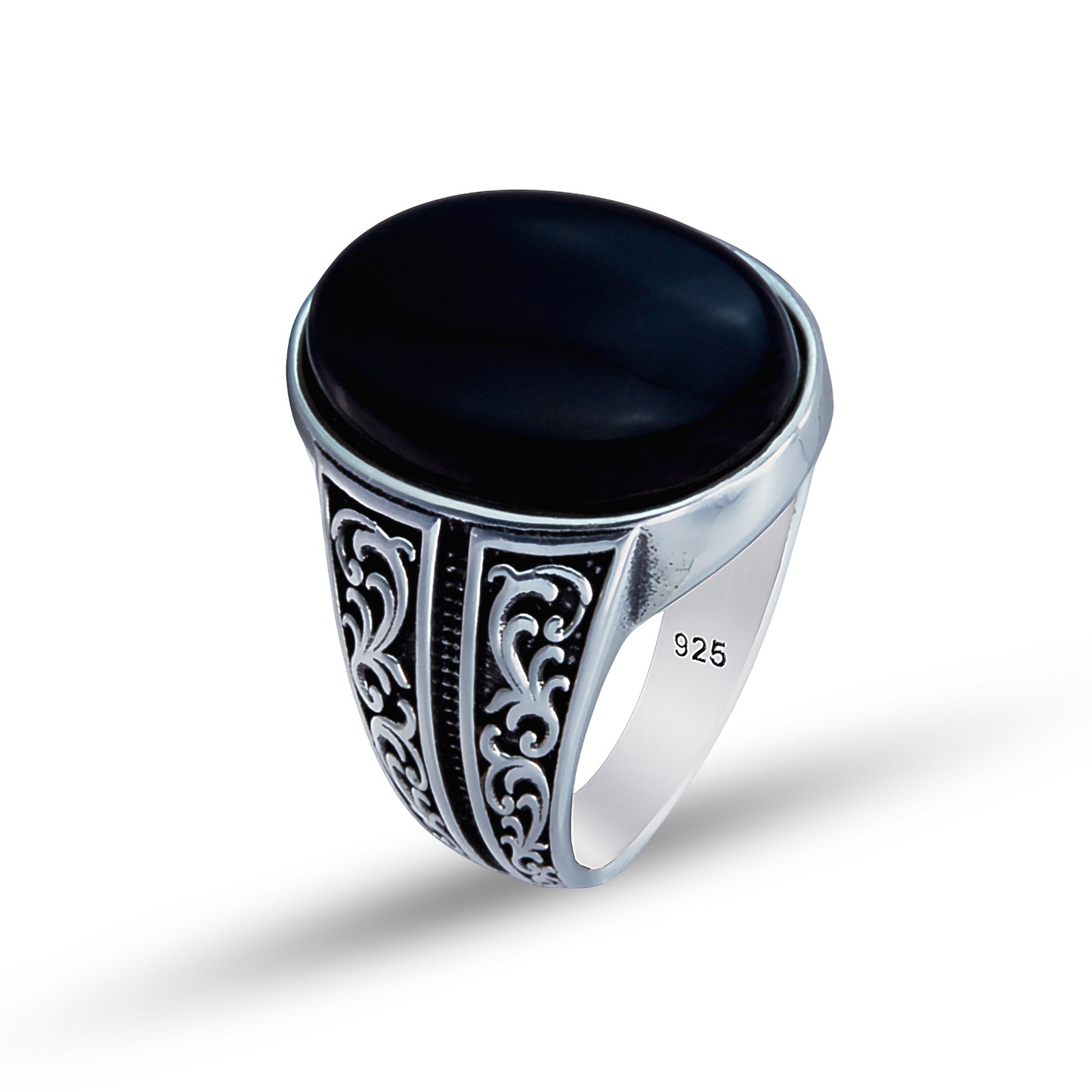 925 Sterling Silver Engraved Oval Onyx Gemstone Ring