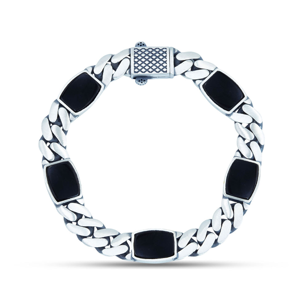 925 Sterling Silver Curb Chain Square Onyx Gemstone Bracelet